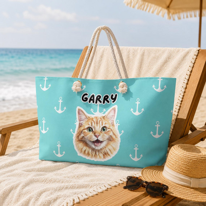 Personalized Cabana Stripe Beach Tote Bag, Custom Dog & Cat Photo Beach Bag with Name