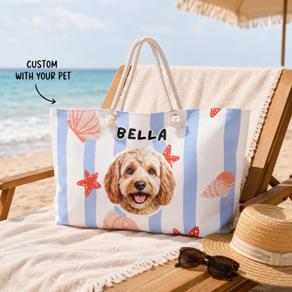 Personalized Cabana Stripe Beach Tote Bag, Custom Dog & Cat Photo Beach Bag with Name