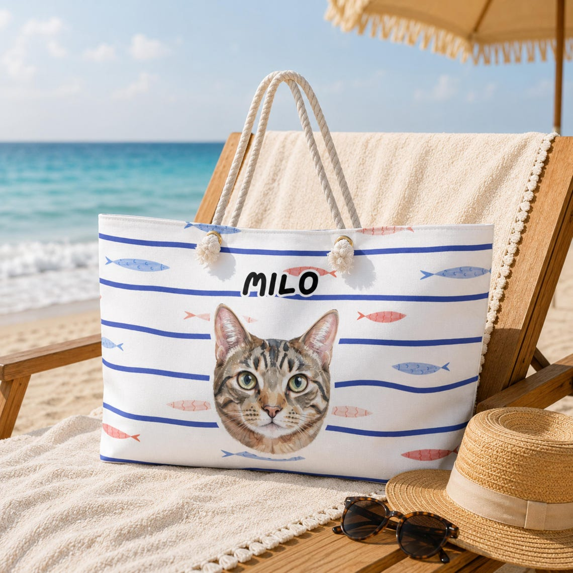 Personalized Cabana Stripe Beach Tote Bag, Custom Dog & Cat Photo Beach Bag with Name