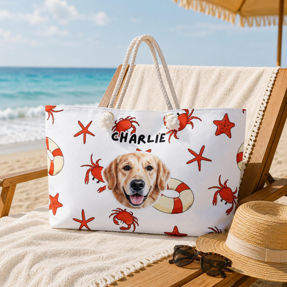 Personalized Cabana Stripe Beach Tote Bag, Custom Dog & Cat Photo Beach Bag with Name