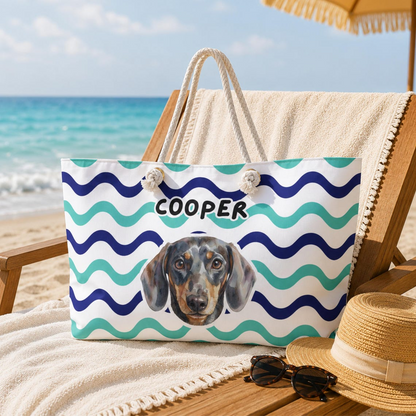 Personalized Cabana Stripe Beach Tote Bag, Custom Dog & Cat Photo Beach Bag with Name