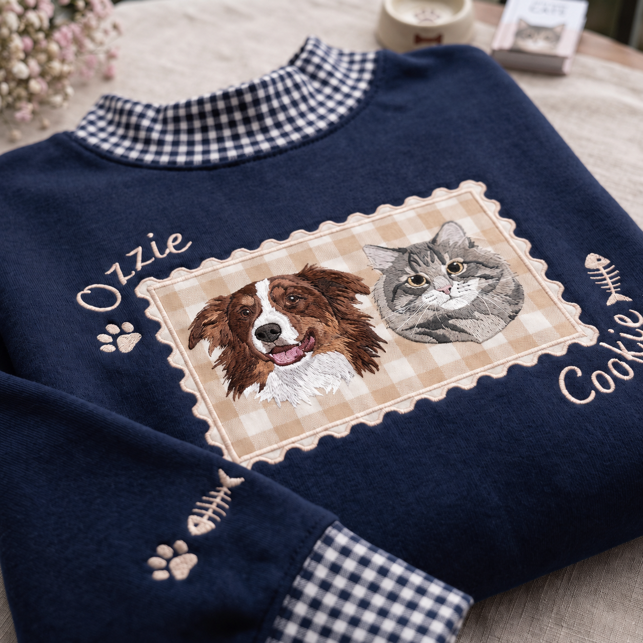 Embroidered Custom Pet Portrait Gingham Mock Neck Sweatshirt