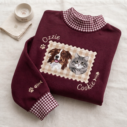 Embroidered Custom Pet Portrait Gingham Mock Neck Sweatshirt