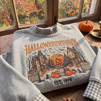 Embroidered Halloween Gingham Sweatshirt, Custom Gingham Crewneck