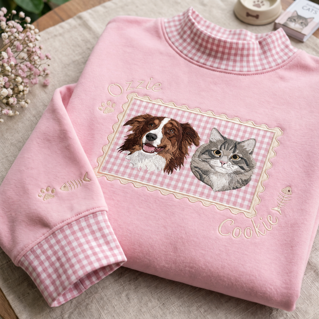Embroidered Custom Pet Portrait Gingham Mock Neck Sweatshirt
