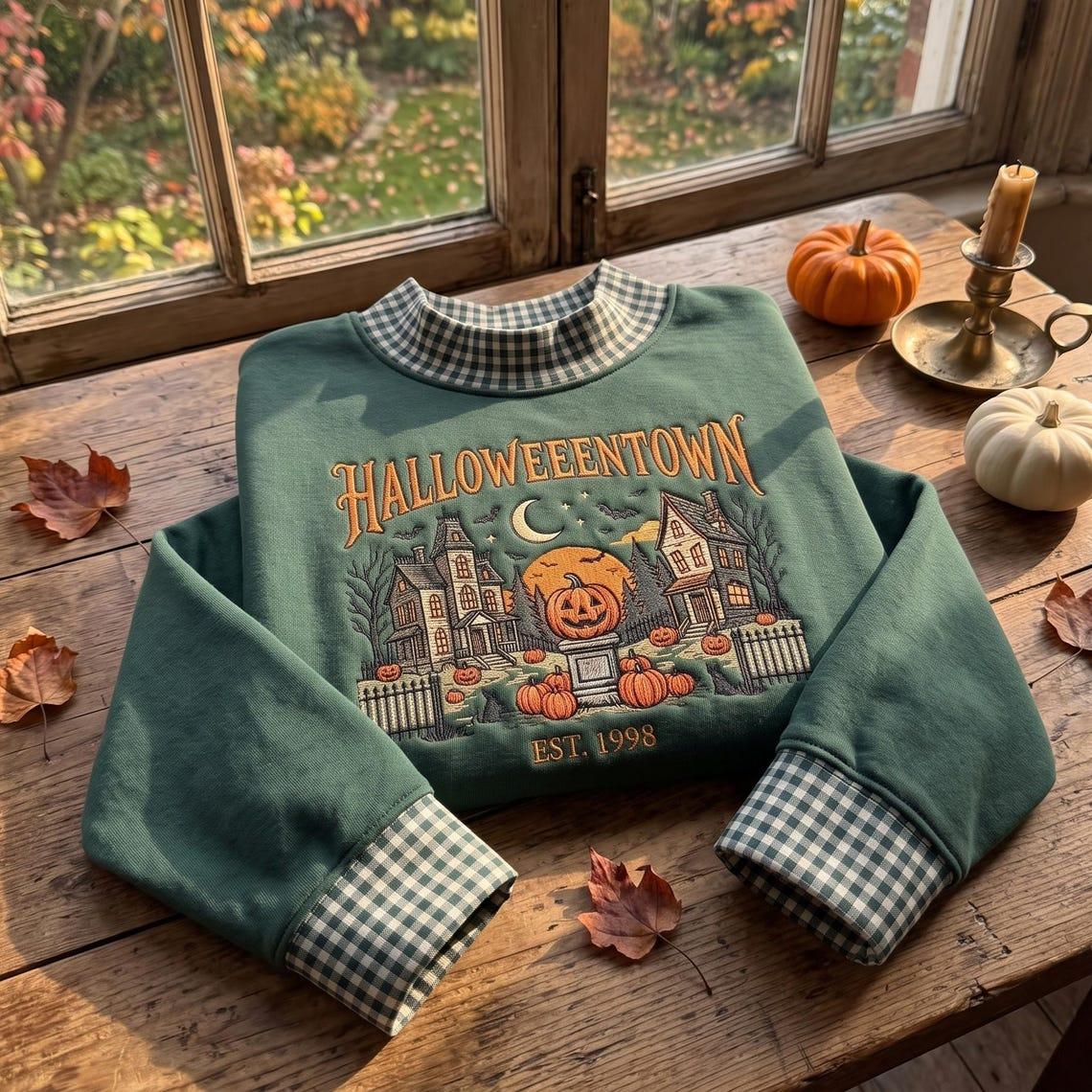 Embroidered Halloween Gingham Sweatshirt, Custom Gingham Crewneck