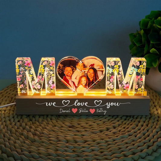 Personalized Mom Flower Photo Night Light with Kids Name Mother's Day Gift