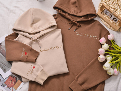 Valentine Custom Embroidered Roman Numeral Hoodie Sweatshirt T-shirt, Couple Shirt Initial On Sleeve