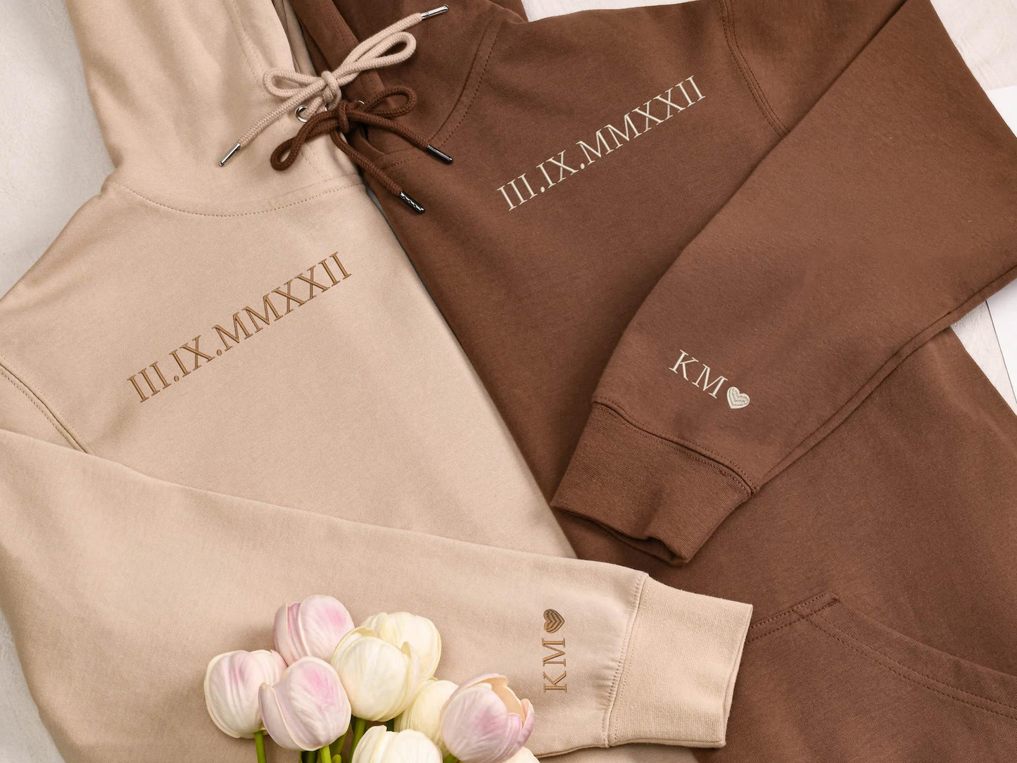 Valentine Custom Embroidered Roman Numeral Hoodie Sweatshirt T-shirt, Couple Shirt Initial On Sleeve