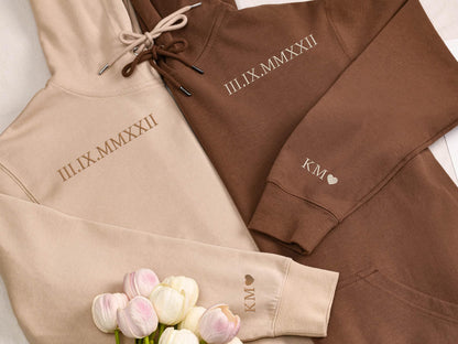 Valentine Custom Embroidered Roman Numeral Hoodie Sweatshirt T-shirt, Couple Shirt Initial On Sleeve