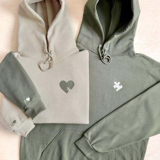 Matching Puzzle Piece Couple Sweatshirt, Custom Embroidered Heart Pullover with Initials, Long Distance Gift, His & Hers Anniversary Hoodie
