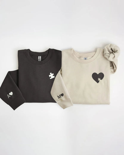 Matching Puzzle Piece Couple Sweatshirt, Custom Embroidered Heart Pullover with Initials, Long Distance Gift, His & Hers Anniversary Hoodie