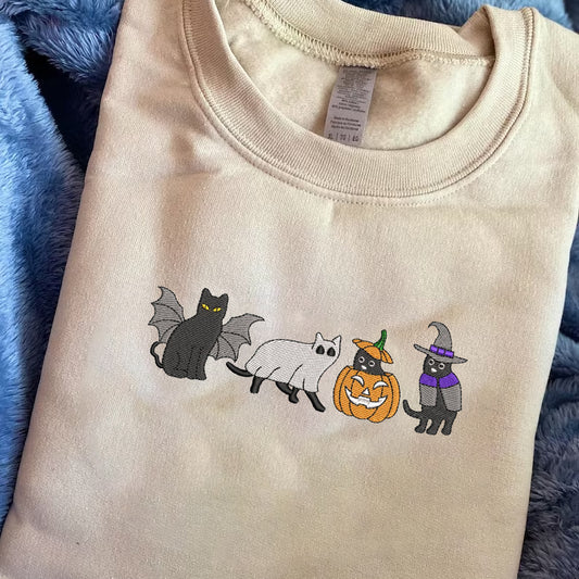 Halloween Embroidered Cat Pumpkin Bat Witch Ghost Hoodie Sweatshirt T-Shirt