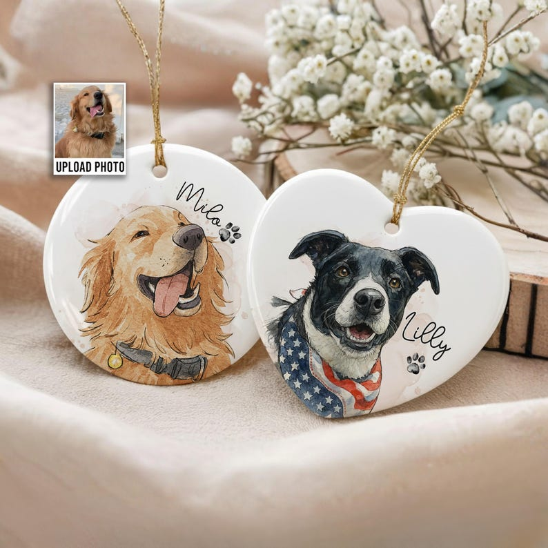 Personalized Watercolor Photo Pet Ornament, Custom Pet Portrait Keepsake, Dog Lover Gift, Cat Mom Gift, Memorial Dog Gift, Loss of Pet