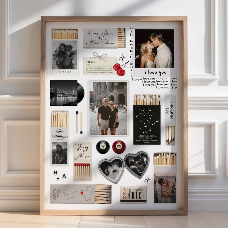 Nostalgia Couple Love Story Matchbook Collage Dopamine Decor - Personalized Poster - Heartfelt Valentine, Anniversary Gift For Him, For Her