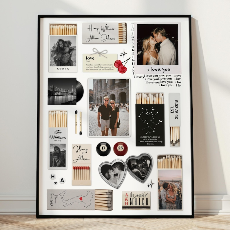 Nostalgia Couple Love Story Matchbook Collage Dopamine Decor - Personalized Poster - Heartfelt Valentine, Anniversary Gift For Him, For Her