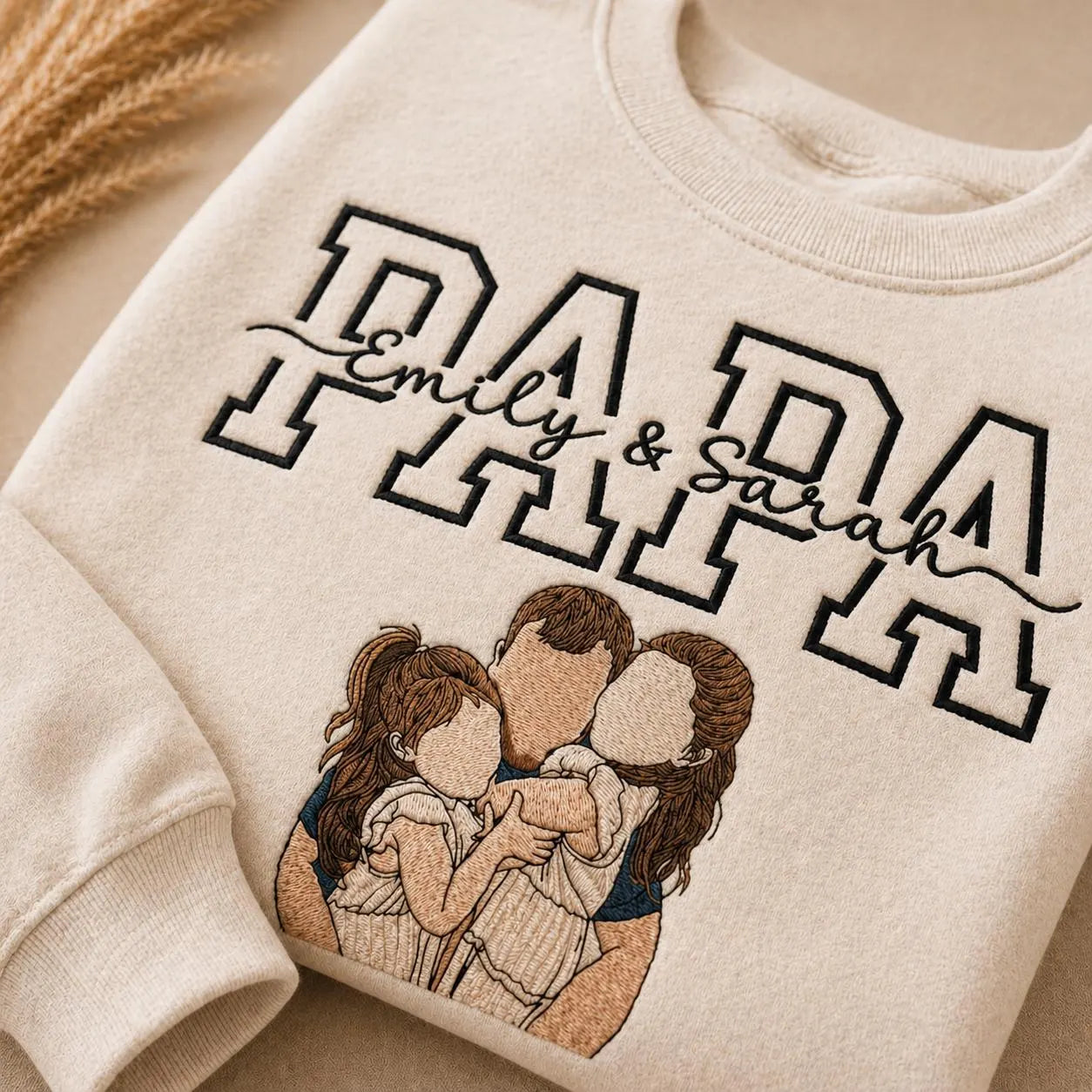 Personalized Papa Embroidered Sweatshirt with Kids Names and Custom Family Portrait, Father’s Day Gift for Dad, Grandpa or New Papa Crewneck Sweater