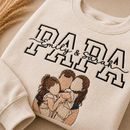 Personalized Papa Embroidered Sweatshirt with Kids Names and Custom Family Portrait, Father’s Day Gift for Dad, Grandpa or New Papa Crewneck Sweater