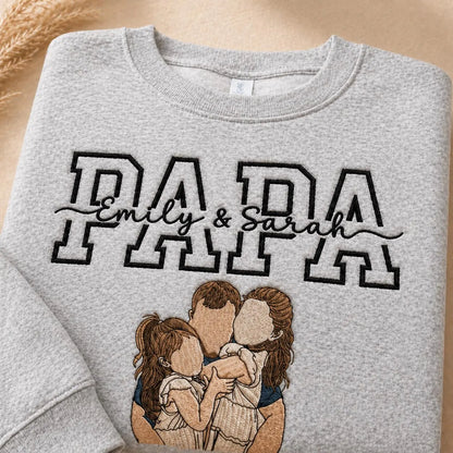Personalized Papa Embroidered Sweatshirt with Kids Names and Custom Family Portrait, Father’s Day Gift for Dad, Grandpa or New Papa Crewneck Sweater