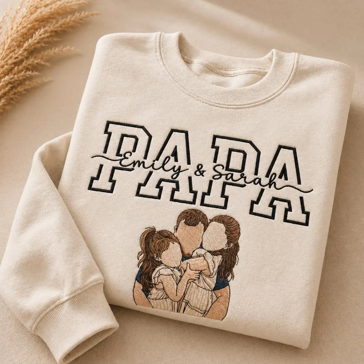 Personalized Papa Embroidered Sweatshirt with Kids Names and Custom Family Portrait, Father’s Day Gift for Dad, Grandpa or New Papa Crewneck Sweater