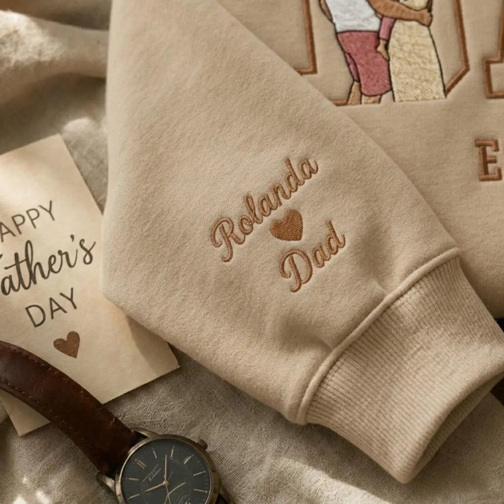 Custom Embroidered Dad Sweatshirt, Personalized Father's Day Gift Crewneck with Kids Silhouette, Custom Sleeve Name