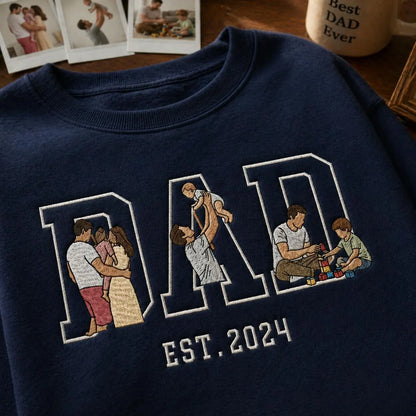 Custom Embroidered Dad Sweatshirt, Personalized Father's Day Gift Crewneck with Kids Silhouette, Custom Sleeve Name