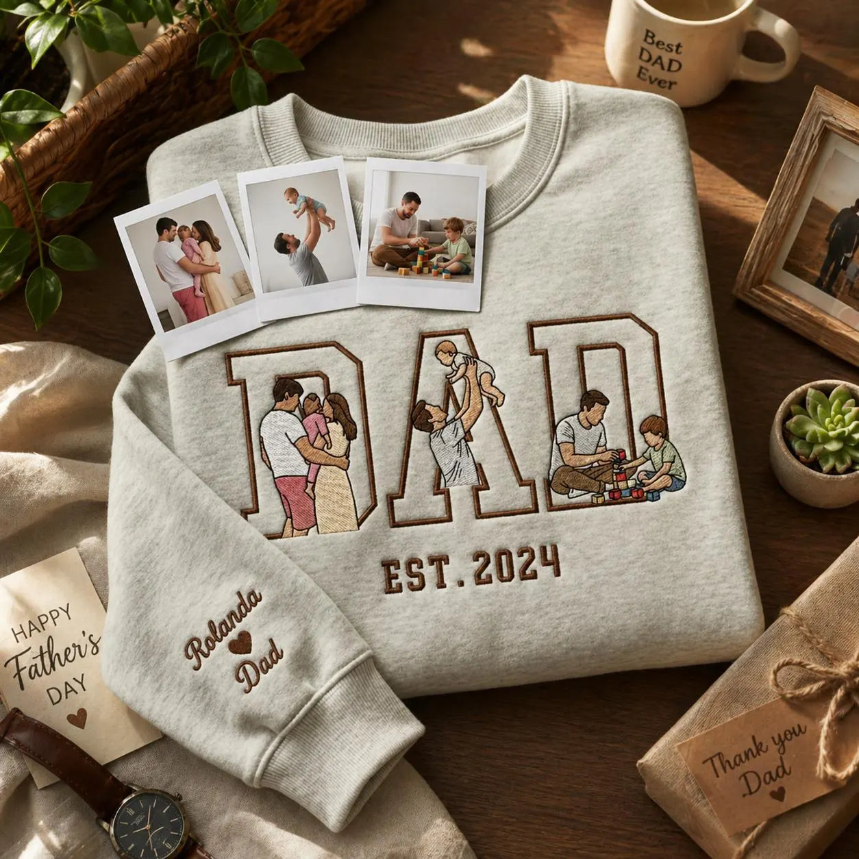 Custom Embroidered Dad Sweatshirt, Personalized Father's Day Gift Crewneck with Kids Silhouette, Custom Sleeve Name