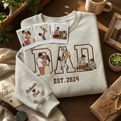 Custom Embroidered Dad Sweatshirt, Personalized Father's Day Gift Crewneck with Kids Silhouette, Custom Sleeve Name