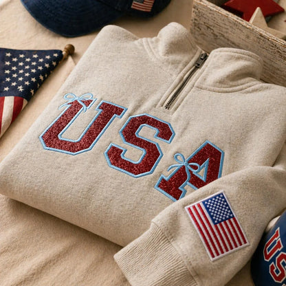 Vintage USA Quarter Zip Pullover Glitter Applique Patriotic T-Shirt Sweatshirt Hoodie Quarter-Zip Sweatshirt (Copy)