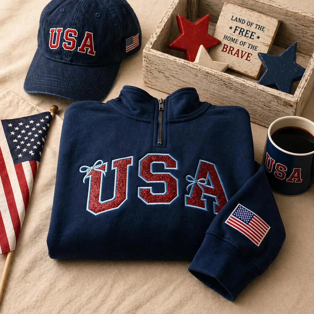 Vintage USA Quarter Zip Pullover Glitter Applique Patriotic T-Shirt Sweatshirt Hoodie Quarter-Zip Sweatshirt (Copy)