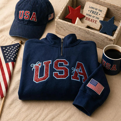 Vintage USA Quarter Zip Pullover Glitter Applique Patriotic T-Shirt Sweatshirt Hoodie Quarter-Zip Sweatshirt (Copy)