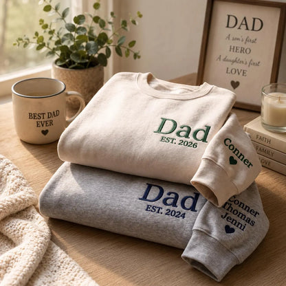 Personalized Dad Est. 2026 Embroidered Sweatshirt with Kids Names on Sleeve, Custom Father’s Day Gift for New Dad, Papa Grandpa Birthday Gift, Cozy Family Crewneck Sweater for Men