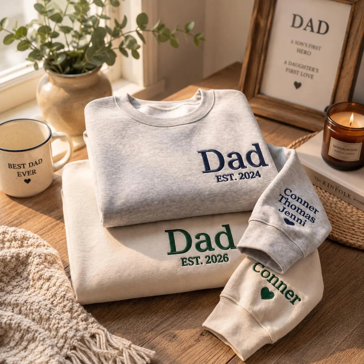 Personalized Dad Est. 2026 Embroidered Sweatshirt with Kids Names on Sleeve, Custom Father’s Day Gift for New Dad, Papa Grandpa Birthday Gift, Cozy Family Crewneck Sweater for Men