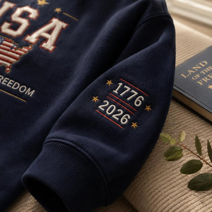 USA 250 Years of Freedom 1776–2026 Patriotic Map Embroidered Graphic T-Shirt Sweatshirt Hoodie Quarter-Zip Sweatshirt