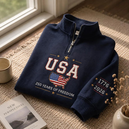USA 250 Years of Freedom 1776–2026 Patriotic Map Embroidered Graphic T-Shirt Sweatshirt Hoodie Quarter-Zip Sweatshirt