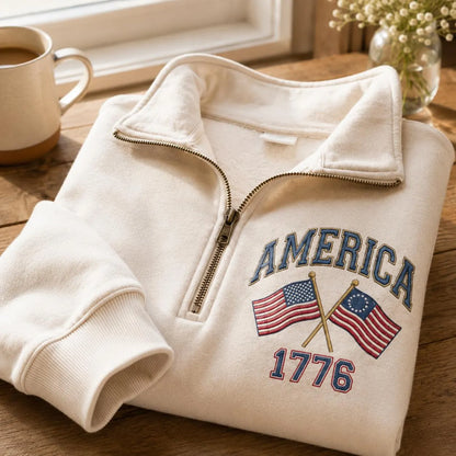 America 1776 Embroidered Patriotic USA Flag Pullover Sweatshirt, Hoodie Sweatshirt T-Shirt