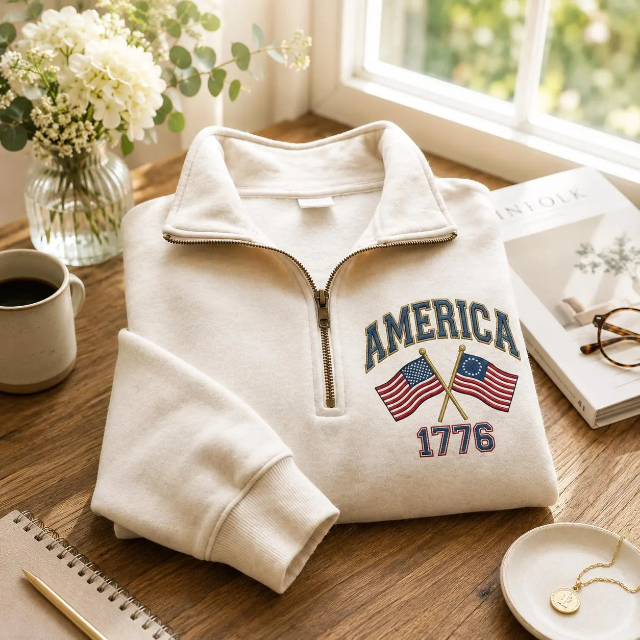 America 1776 Embroidered Patriotic USA Flag Pullover Sweatshirt, Hoodie Sweatshirt T-Shirt