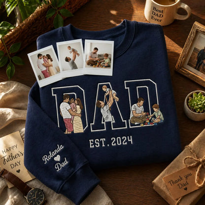 Custom Embroidered Dad Sweatshirt, Personalized Father's Day Gift Crewneck with Kids Silhouette, Custom Sleeve Name