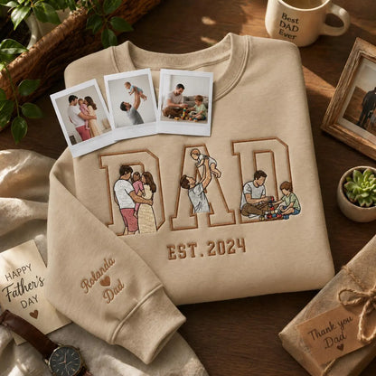 Custom Embroidered Dad Sweatshirt, Personalized Father's Day Gift Crewneck with Kids Silhouette, Custom Sleeve Name