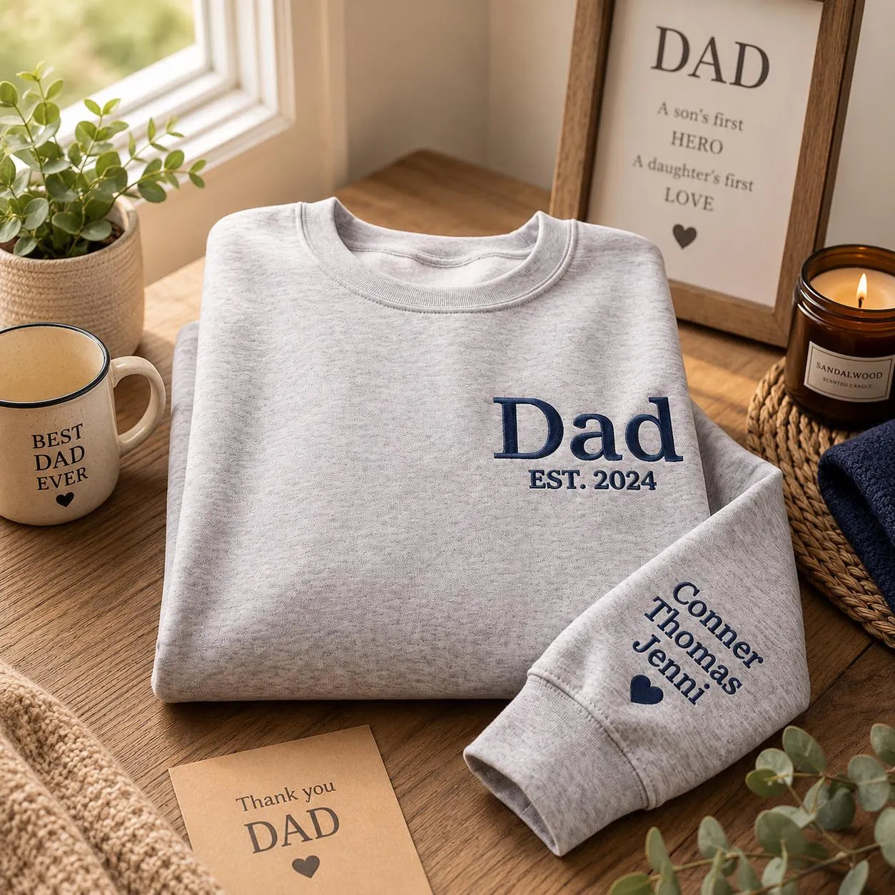 Personalized Dad Est. 2026 Embroidered Sweatshirt with Kids Names on Sleeve, Custom Father’s Day Gift for New Dad, Papa Grandpa Birthday Gift, Cozy Family Crewneck Sweater for Men
