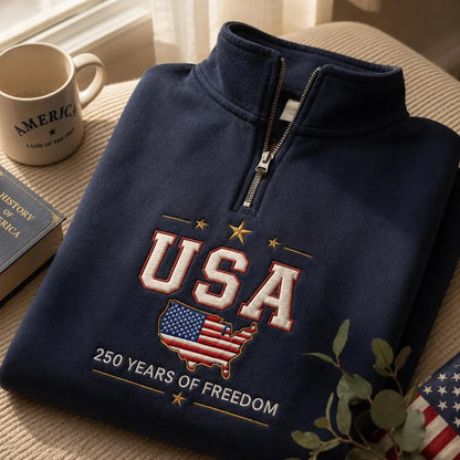 USA 250 Years of Freedom 1776–2026 Patriotic Map Embroidered Graphic T-Shirt Sweatshirt Hoodie Quarter-Zip Sweatshirt