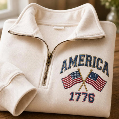 America 1776 Embroidered Patriotic USA Flag Pullover Sweatshirt, Hoodie Sweatshirt T-Shirt