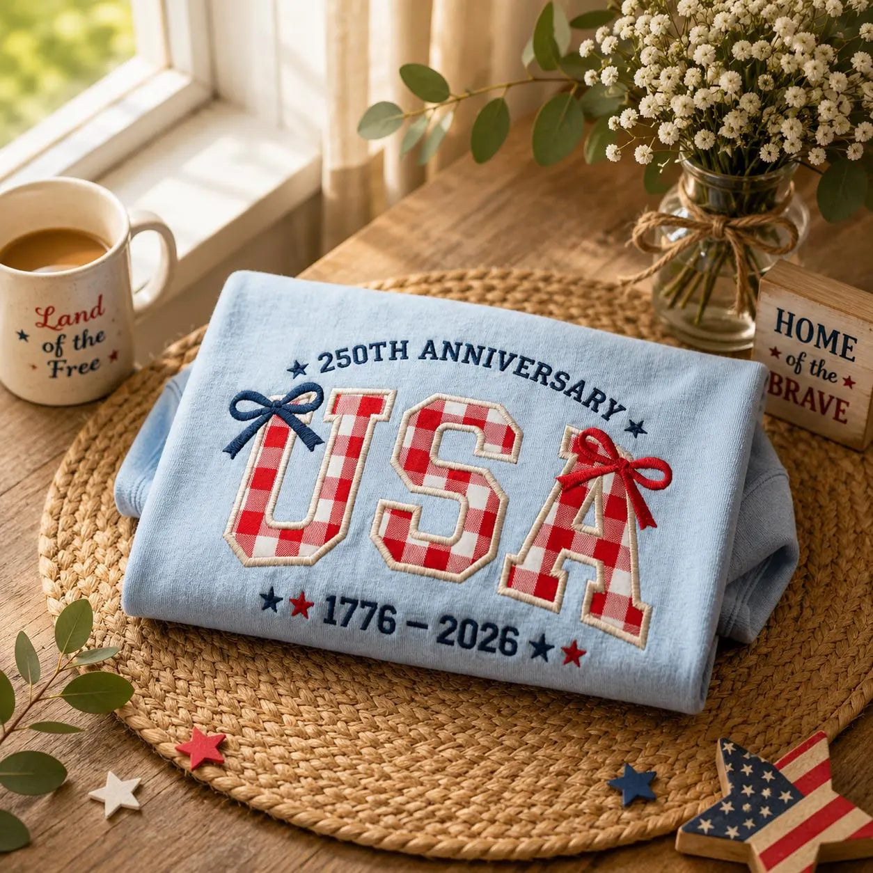 USA 250th Anniversary 1776–2026 Patriotic Bow Embroidered Graphic T-Shirt Sweatshirt Hoodie Quarter-Zip Sweatshirt