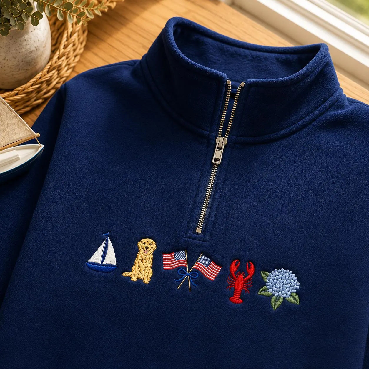 Coastal Embroidered Fleece Pullover Quarter-Zip Sweatshirt, Hoodie Sweatshirt T-Shirt