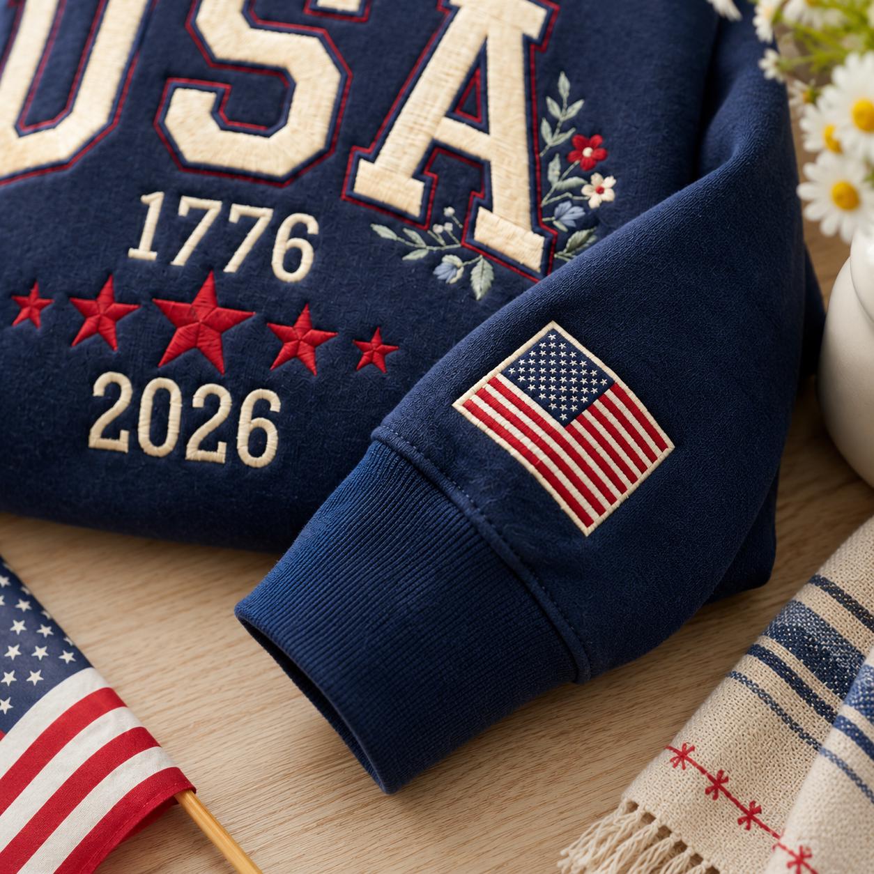 USA 1776–2026 Patriotic Floral Embroidered Independence Day Graphic T-Shirt Sweatshirt Hoodie Quarter-Zip Sweatshirt