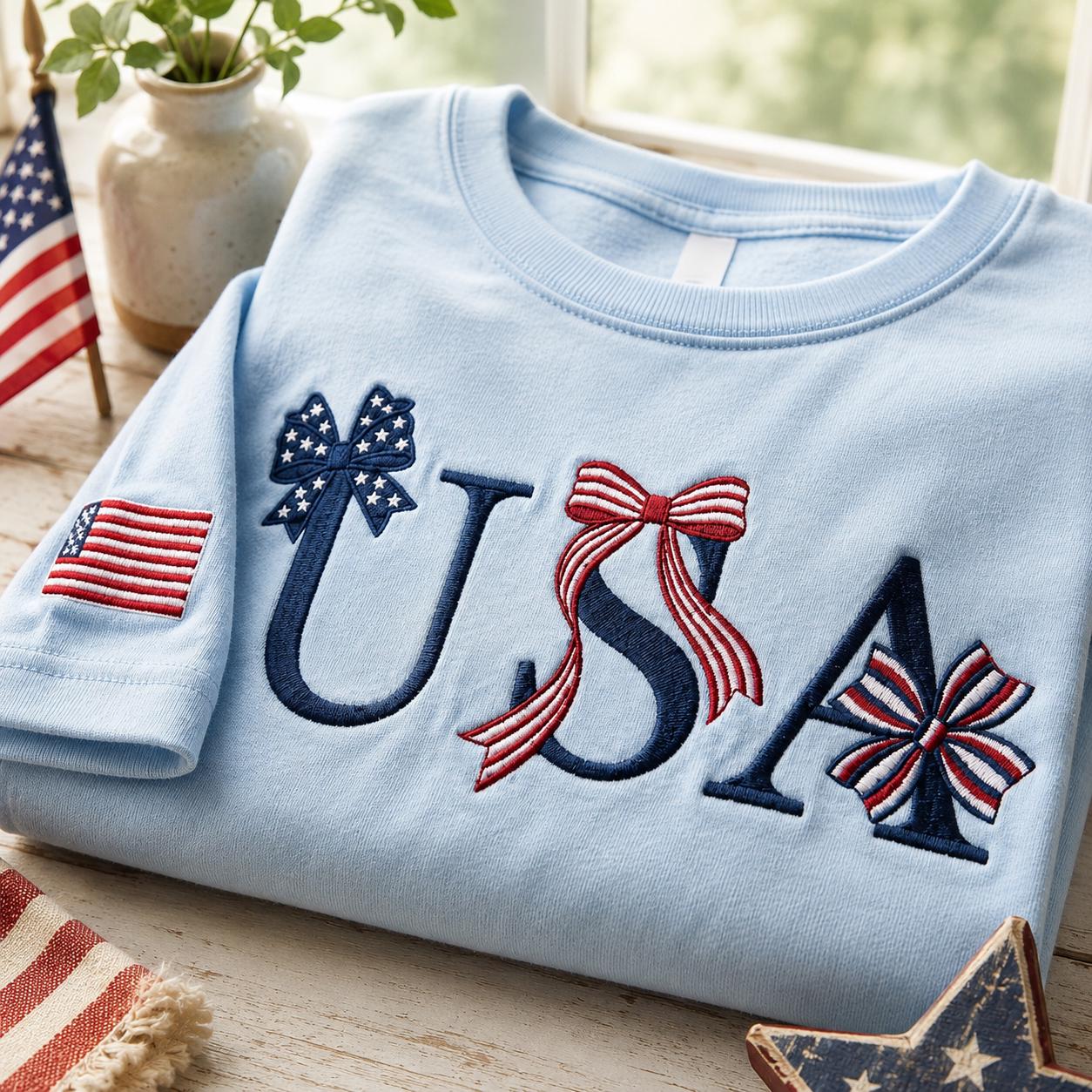 USA Patriotic Bow Embroidered Independence Day Graphic T-Shirt Sweatshirt Hoodie Quarter-Zip Sweatshirt