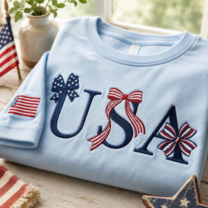 USA Patriotic Bow Embroidered Independence Day Graphic T-Shirt Sweatshirt Hoodie Quarter-Zip Sweatshirt