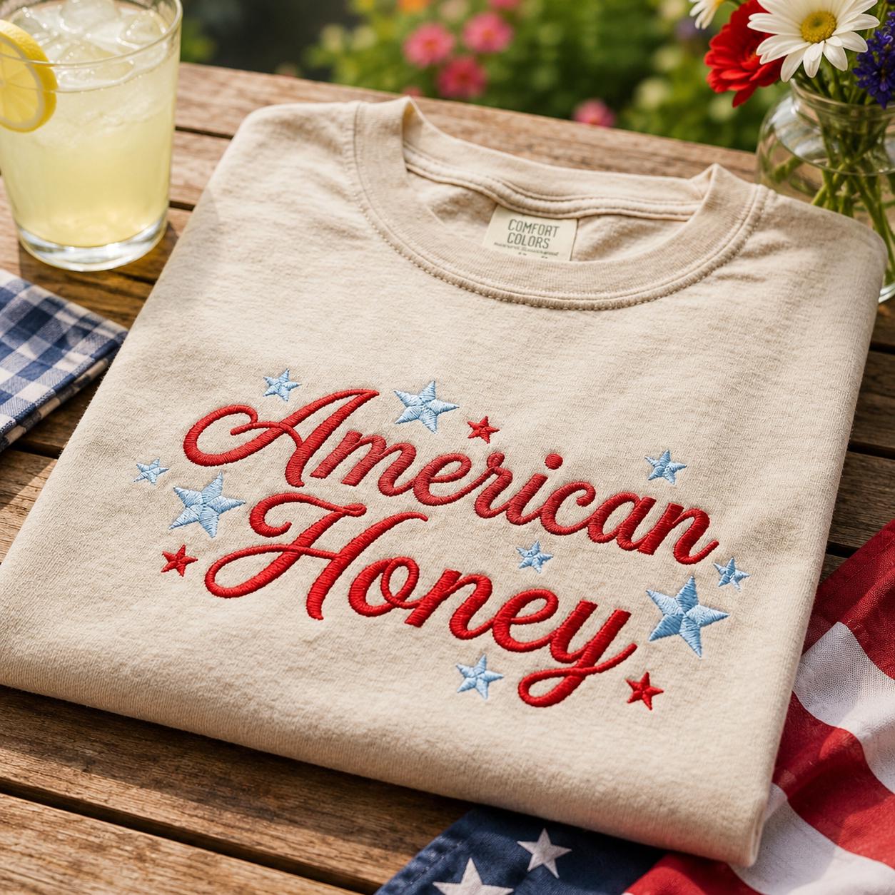 American Honey Embroidered Patriotic Graphic T-Shirt Sweatshirt Hoodie Quarter-Zip Sweatshirt