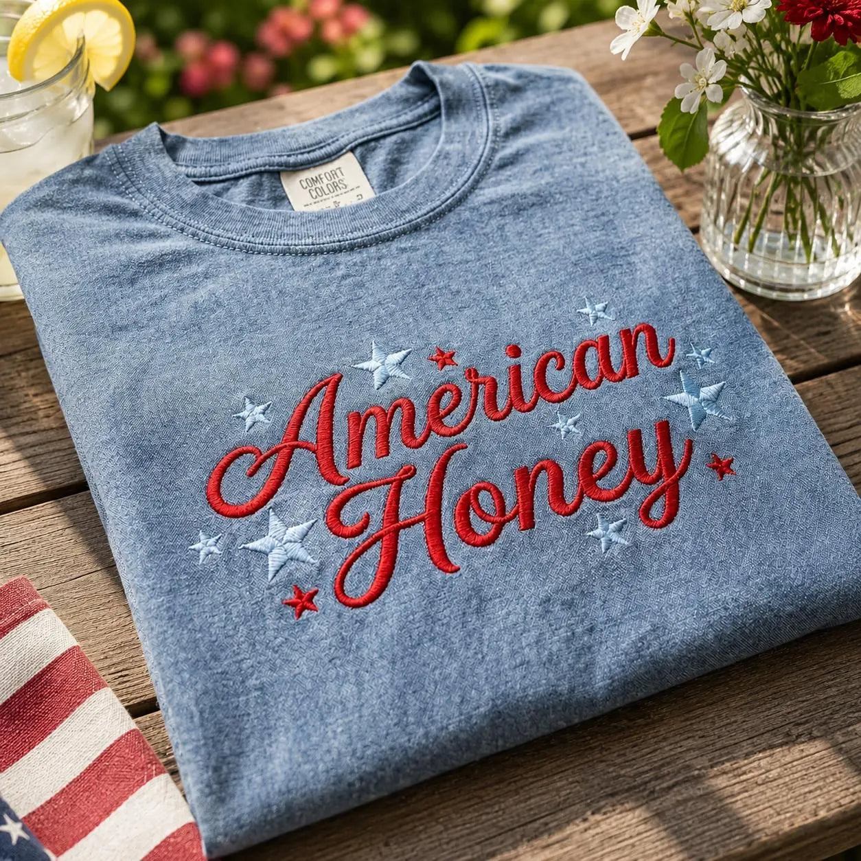 American Honey Embroidered Patriotic Graphic T-Shirt Sweatshirt Hoodie Quarter-Zip Sweatshirt