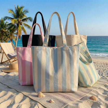 Embroidered Custom Name Tote Bag - Vintage Striped Beach Tote